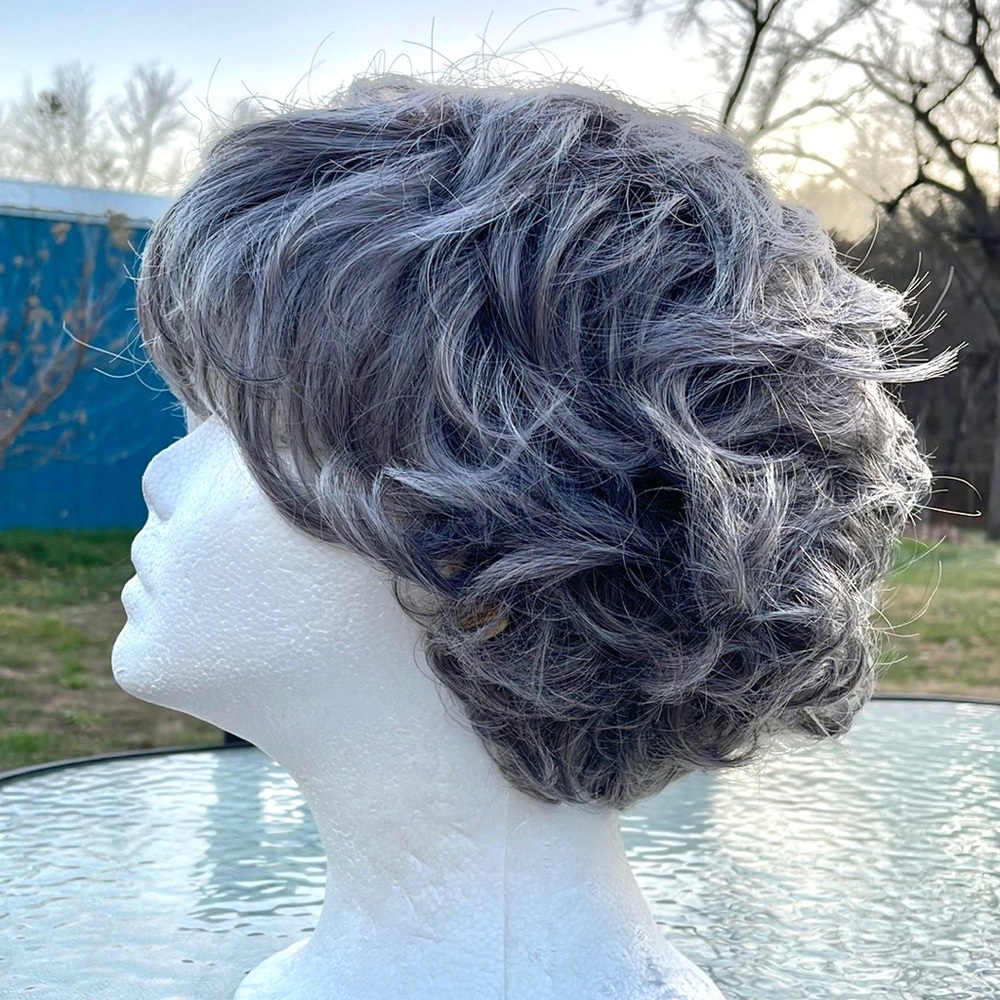 NWT men’s wig grey 8” short layers dim grey silver classy pixie wig unisex wig - Picture 10 of 16